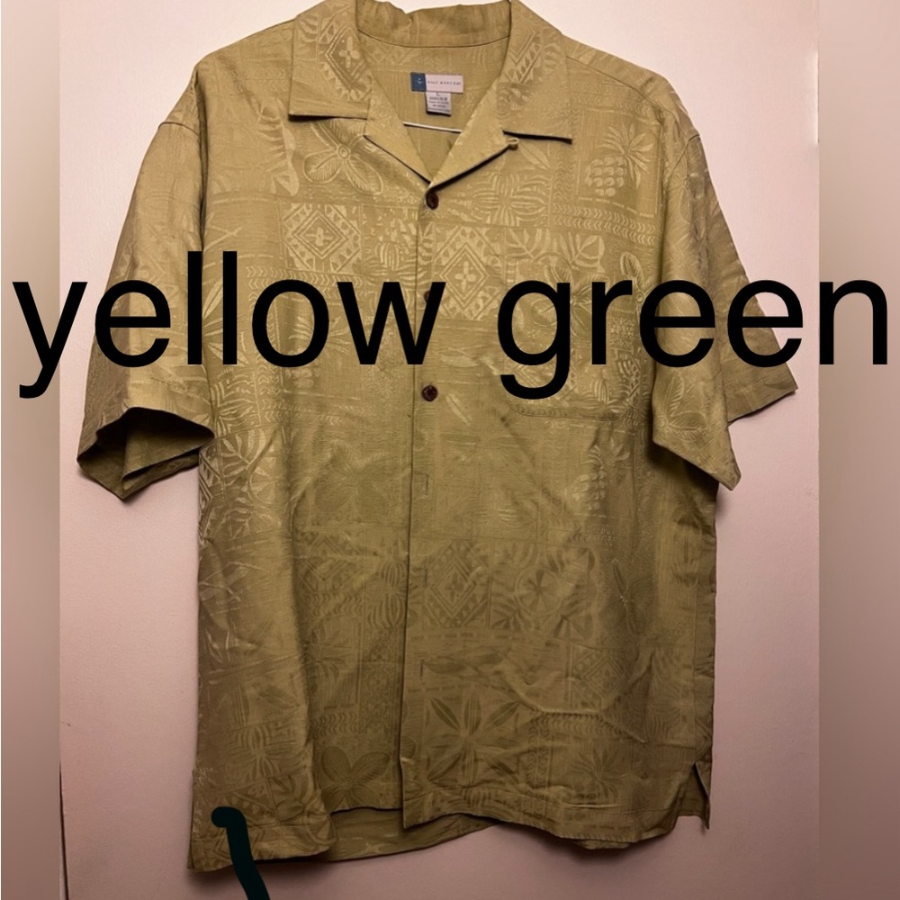 HALF MOON BAY 100% Silk Short Sleeve Button Down Men's Size Lg Yellow/Green
